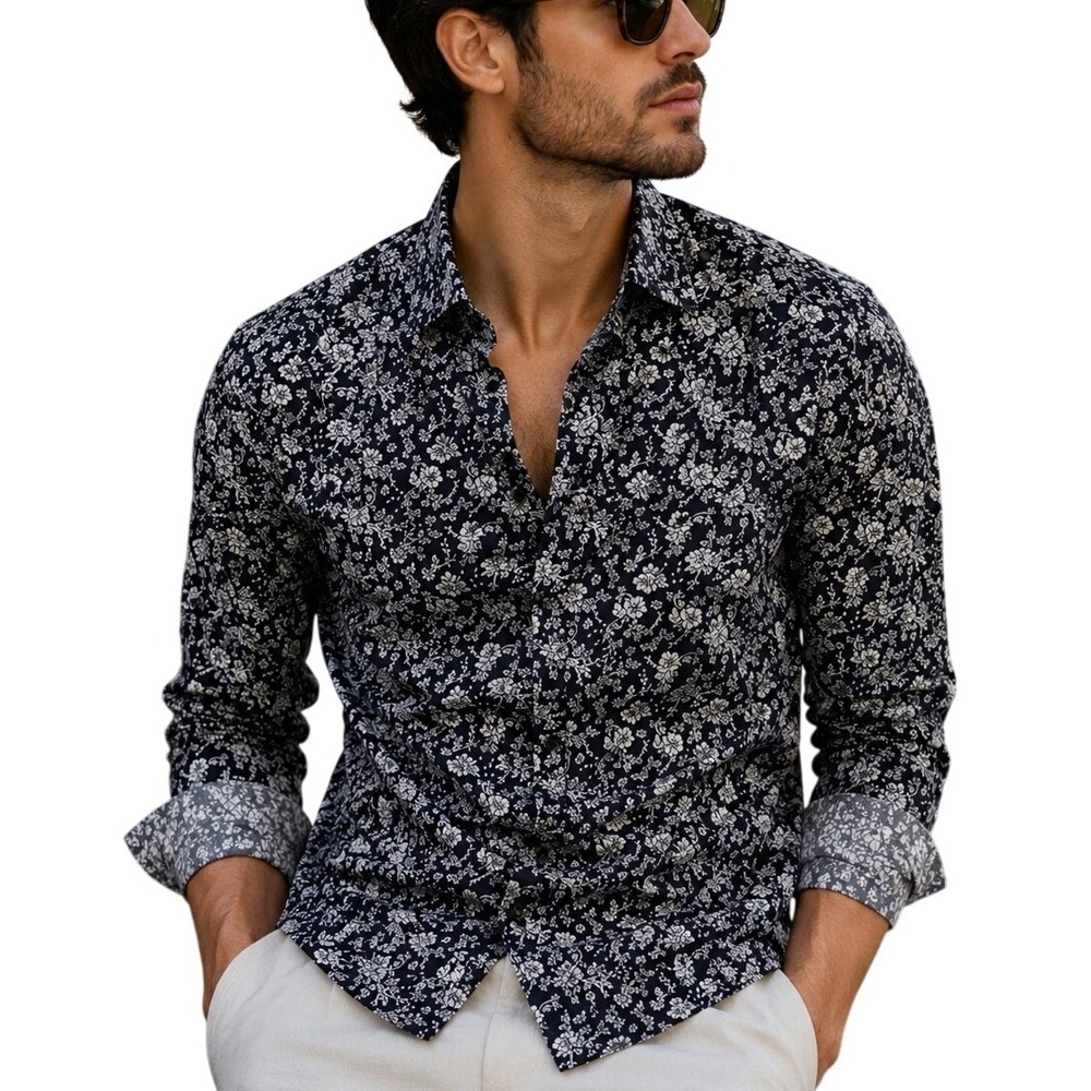 H&M Slim Fit‎ Floral Button Down Shirt Men's Medium Navy White Casual